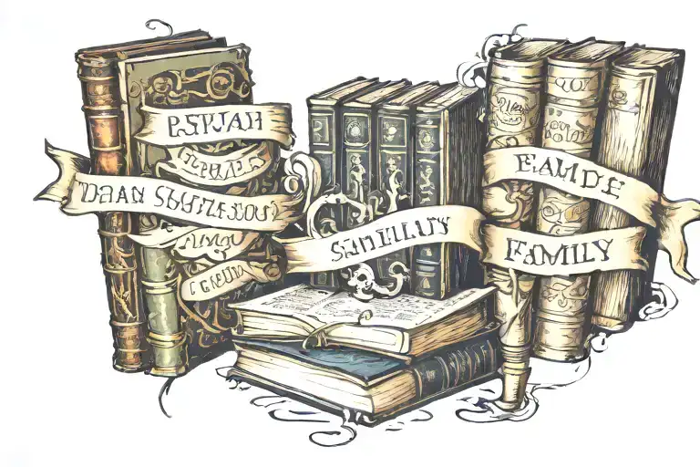 vintage books with the names of family down the spine ,Dean,Remus,Savannah,Presley and Arthur fantasy style tattoo design idea