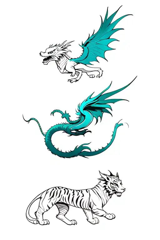 On the right is a turquoise dragon, on the bottom is a scarlet phoenix, on the left is a white tiger, on top is a black  tattoo design idea