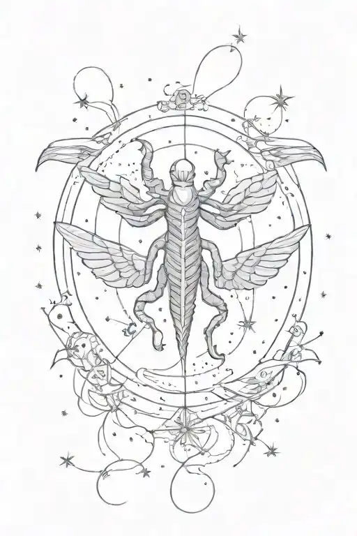 On the top there are a scorpion star constellation. In the middle, Lucifer and Icarus are falling from the sky tattoo design idea