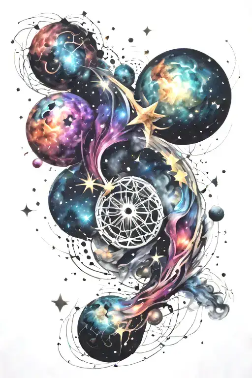 Universe tattoo with a background resembling brush strokes and colorful stars tattoo design idea
