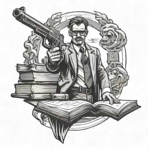 A powerful image of a teacher standing strong with a gun in one hand and a book in the other, symbolizing intelligence and protection tattoo design idea