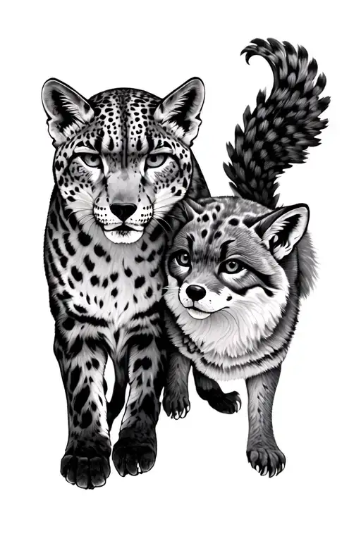 snow leopard male protecting snow fox female tattoo design idea