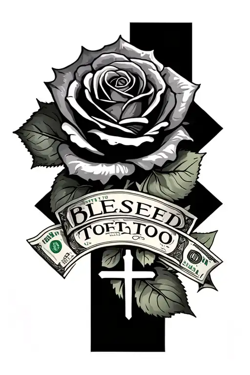 roses and money with a cross and blessed letters tattoo design idea