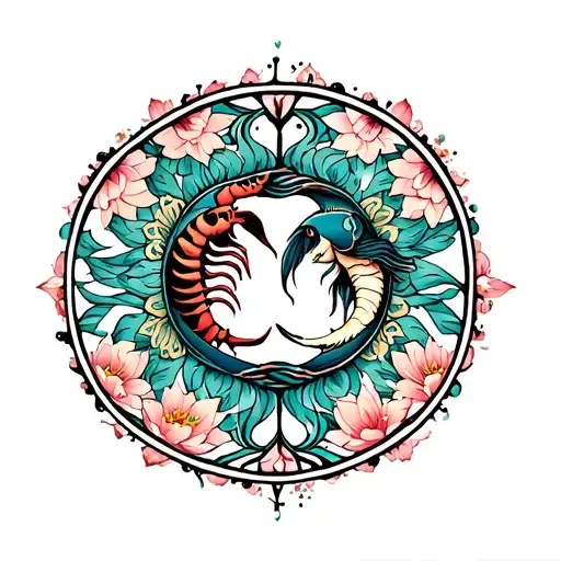 Mandala design featuring a scorpio zodiac sign falling in love with a pisces zodic sign with lotus flowers throughout  tattoo design idea