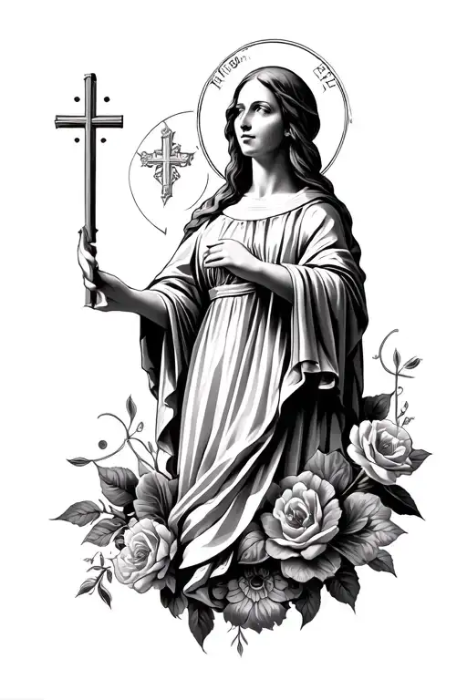 Design a full sleeve tattoo for a woman’s left arm in Roman Catholic style. The artwork should incorporate intricate rel tattoo design idea