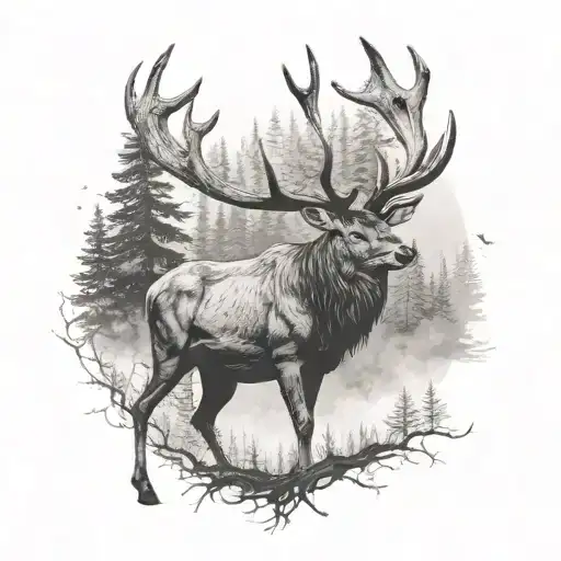 negative photo stag forest scenery; no black lines, just shading for eyes/texture. Antlers flow into Mother Nature god tattoo design idea