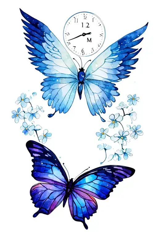 angel wings with time 12:12 a.m. butterfly baby breath  tattoo design idea
