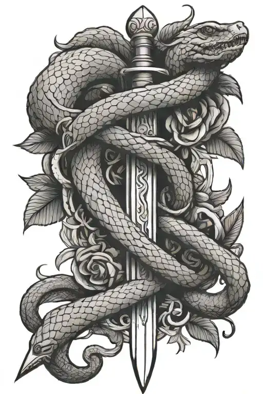 A straight sword with a snake coiling around it. Fill in with thorns. All in fine lines. tattoo design idea