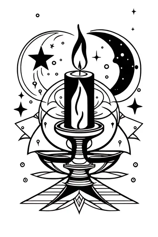 candle burning, galaxy background, crystal stars and moon tattoo design idea