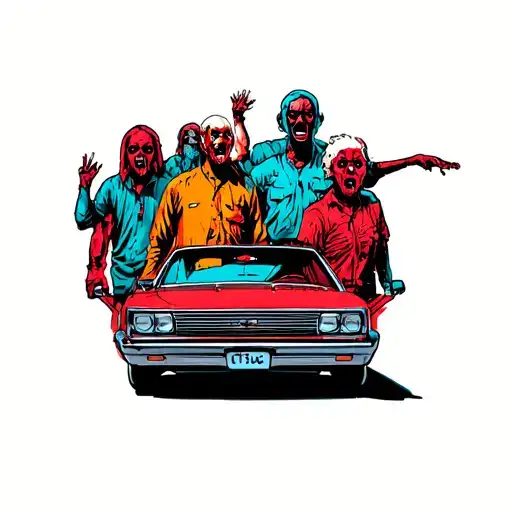 A cross country car ride with horror movie characters as passengers tattoo design idea