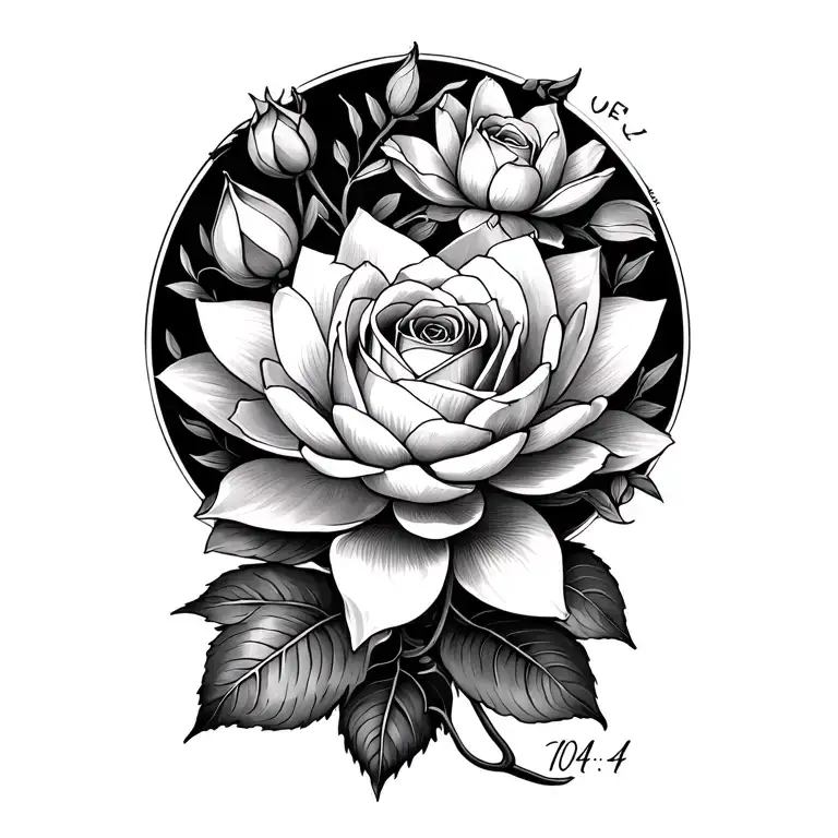 roses and lotus flower blooming on the upper arm and with proverbs 10:4 on the front of the shoulder  tattoo design idea