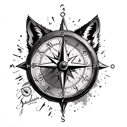 wolf, clock, compass, past, future, fight tattoo design idea