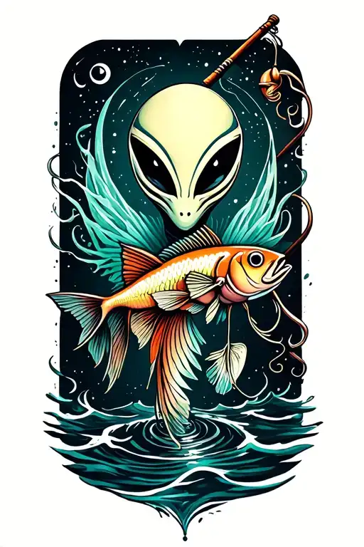 alien fishing pole tattoo design idea