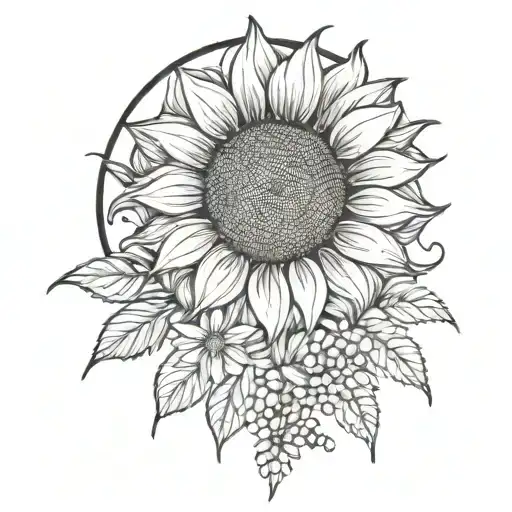 large sunflower surrounded by a rose and chrysanthemum flowers tattoo design idea