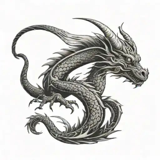 fine line with dragon surrounding the phrase tattoo design idea