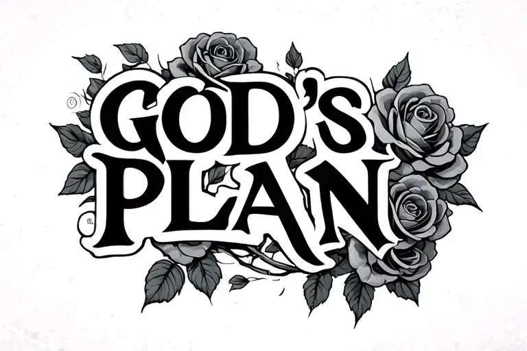 "GOD'S PLAN" in graffiti with roses blooming around tattoo design idea