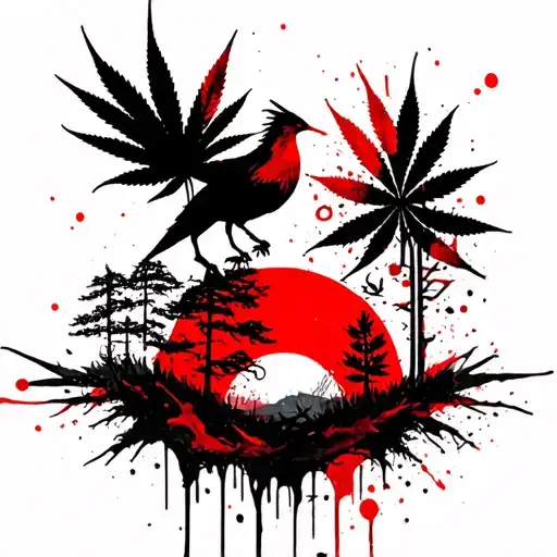 abstract trees and sunset and cannabis leaf and phoenix tattoo design idea