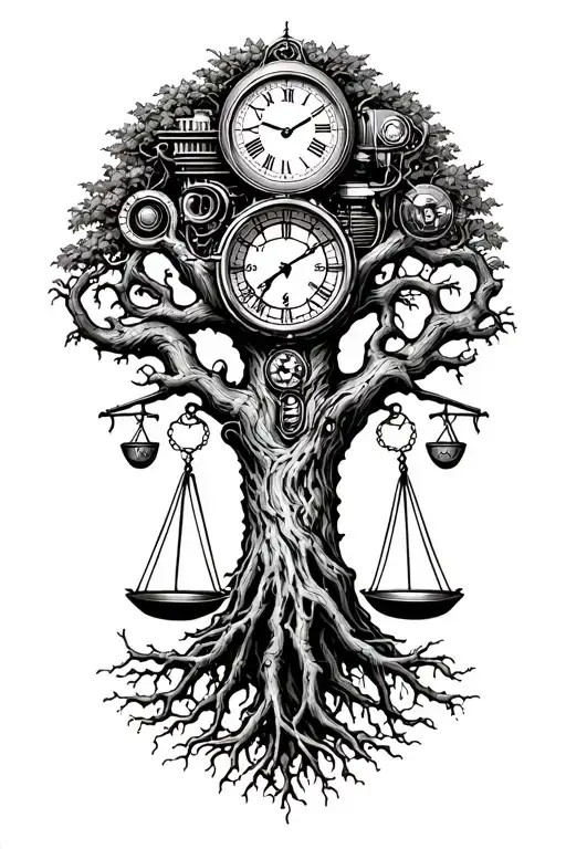 gothic tree of life with midevil roots intertwined with v-twin motor, libra scales and a clock tattoo design idea