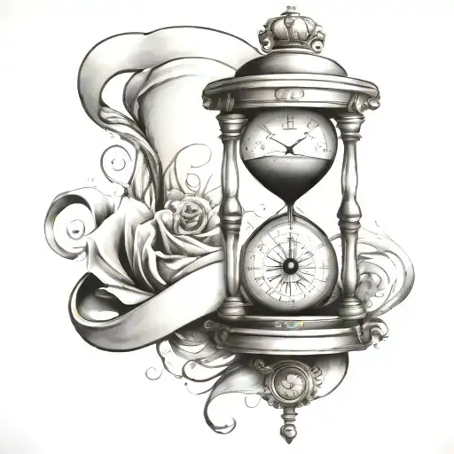 tattoo infinity hourglass with watch at to top and compass at the bottom showing sand make it simple design, just lines tattoo design idea