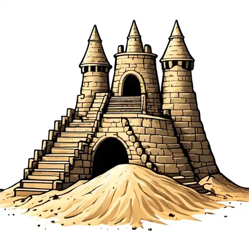 cartoon sand castle with stairs leading to it on a pile of sand tattoo design idea