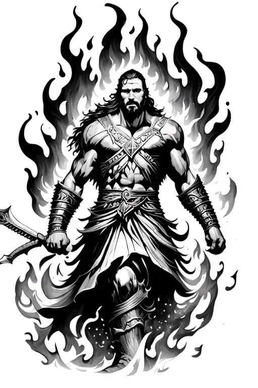 Warrior man advancing alone in the flames, towards the light tattoo design idea