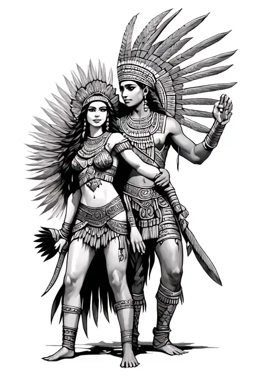 aztec warrior carrying an aztec princess  tattoo design idea