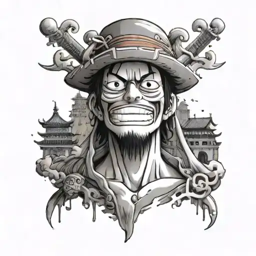 One piece anime symbolism mixed with famour historical monument or style tattoo design idea
