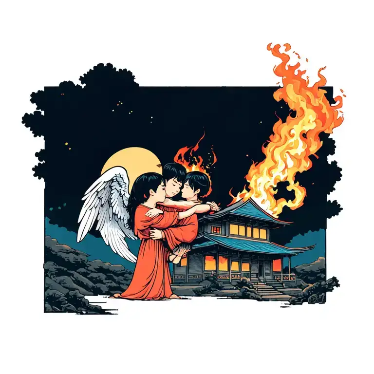Two angels embrace a boy in front of a burning house in a Japanese-style chest tattoo tattoo design idea