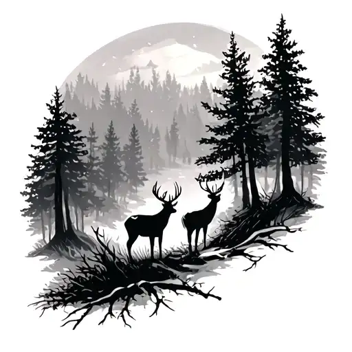 forest with deer tattoo design idea