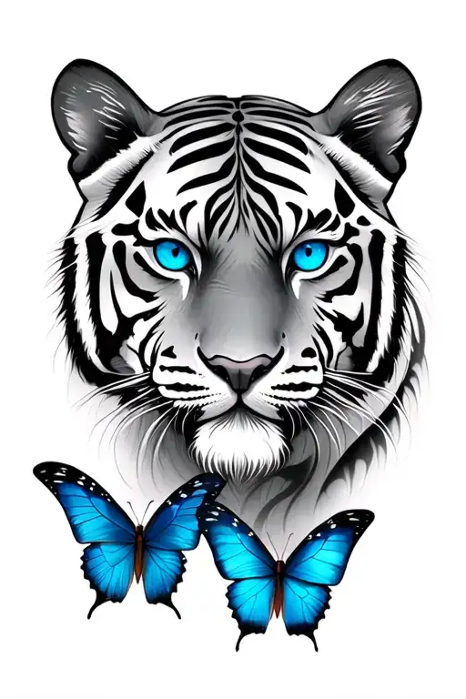 tiger face blue butterflies blue eyes tattoo design idea