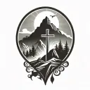 christian cross summit of a mountain landscape ray of sunshine tattoo design idea
