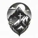 christian cross summit of a mountain landscape ray of sunshine tattoo design idea
