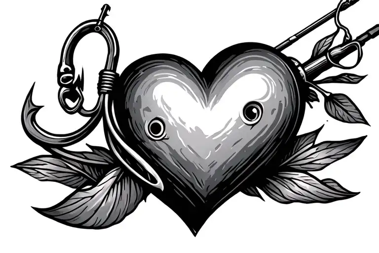 heart, fishing rod, fishing hook tattoo design idea