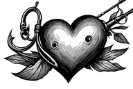 heart, fishing rod, fishing hook tattoo design idea