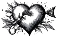 heart, fishing rod, fishing hook tattoo design idea