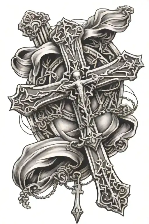 cross with rosary wrapped and Holy Spirit  tattoo design idea