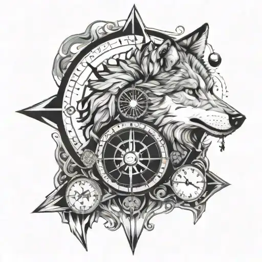 combination of , compass, clock, arrow and wolf with coloured eyes tattoo design idea