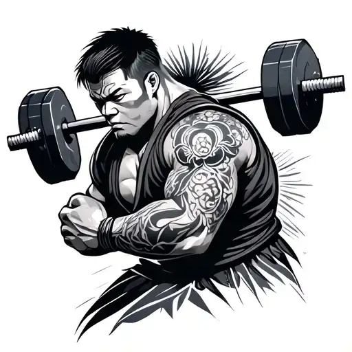 Filipino Warrior holding Barbell, short hair, japanese tatto left arm tattoo design idea