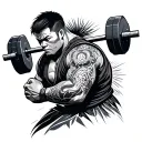 Filipino Warrior holding Barbell, short hair, japanese tatto left arm tattoo design idea