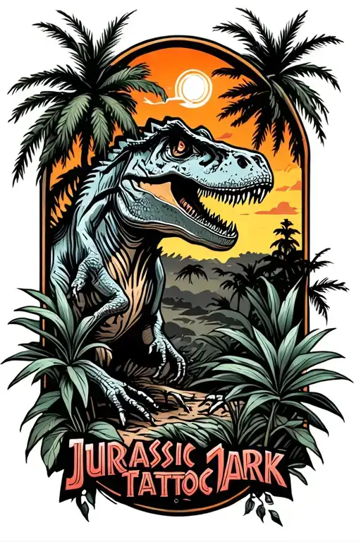 jurassic park style tattoo with a few plants and palms, a T-rex and the sky encased in amber tattoo design idea