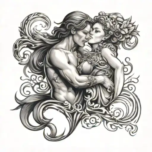 represent a sexually open relationship, female and male, male cuckold and female goddess  tattoo design idea