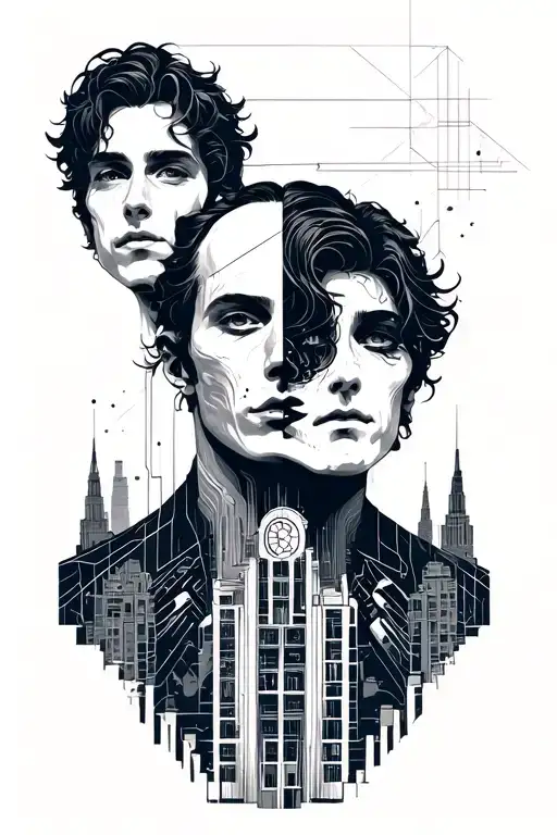 gemini two face guy cybord with engineering buildings background tattoo design idea