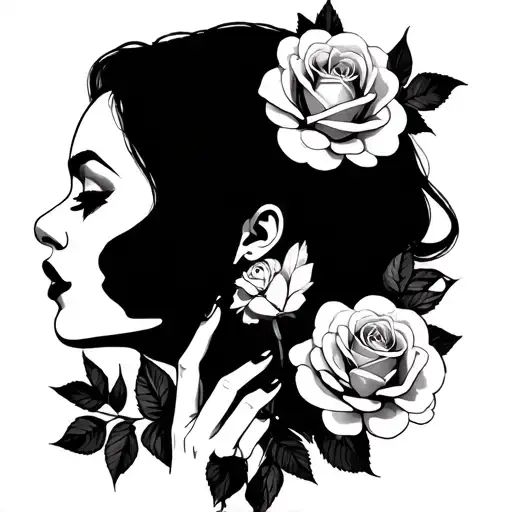 lady face side profile surrounded by roses and leaves with hand on lips tattoo design idea