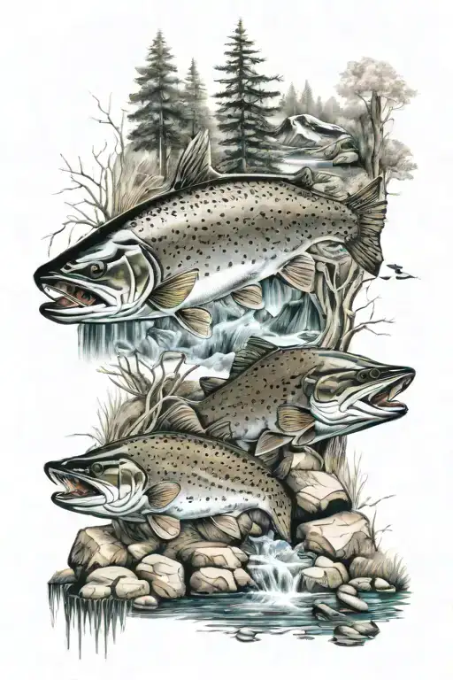 buck and trout with woods and stream  tattoo design idea