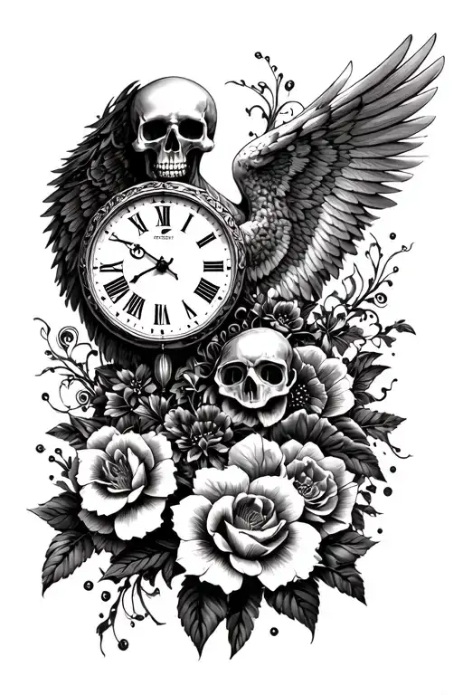 death  angel, clock and flowers tattoo design idea