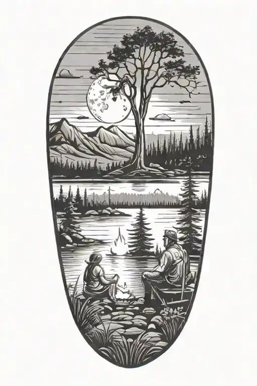 Man, woman, child, sitting at campfire overlooking lake. Trees, mountains, moon in background. Cabin on the shore tattoo design idea