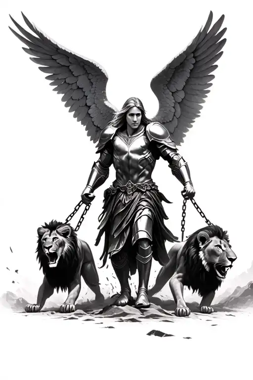 Guardian angel in battle armor holding chains breaking away from 2 lion’s vicious charging forward in left hand. And swo tattoo design idea