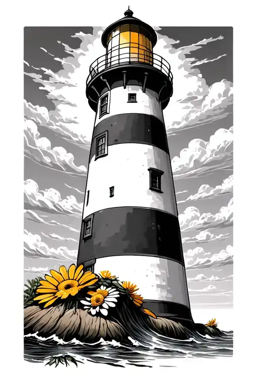traditional lighthouse that is majority black and grey with small pops of colour. traditional daisy somewhere  tattoo design idea