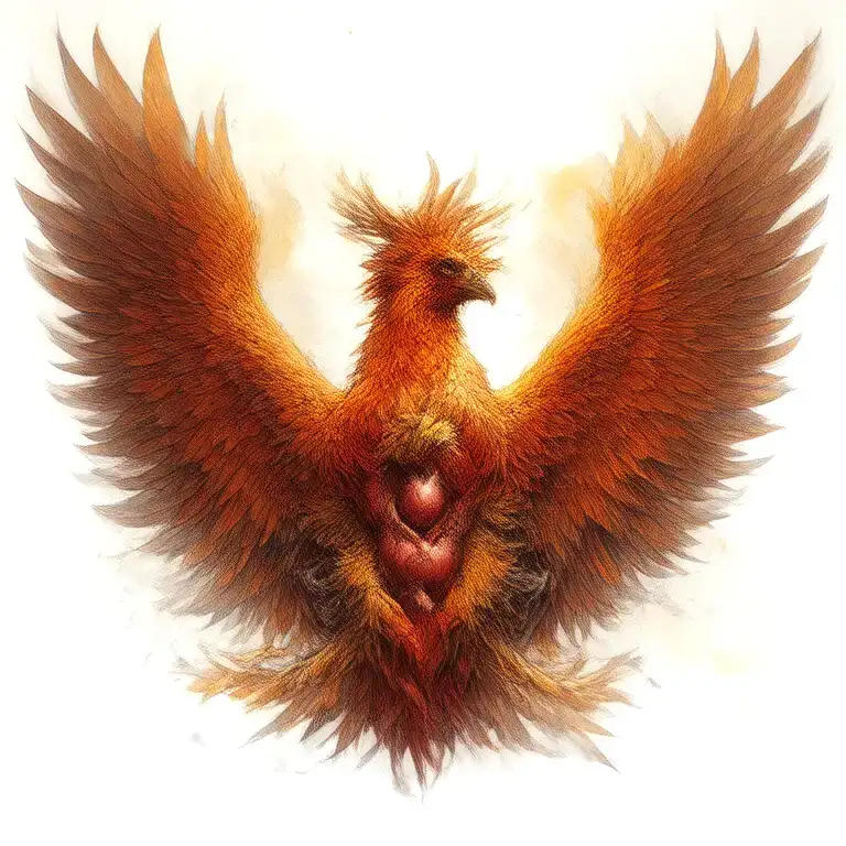 phoenix and heart with long wings spread tattoo design idea