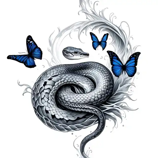 Water wave Snake and butterflies tattoo design idea
